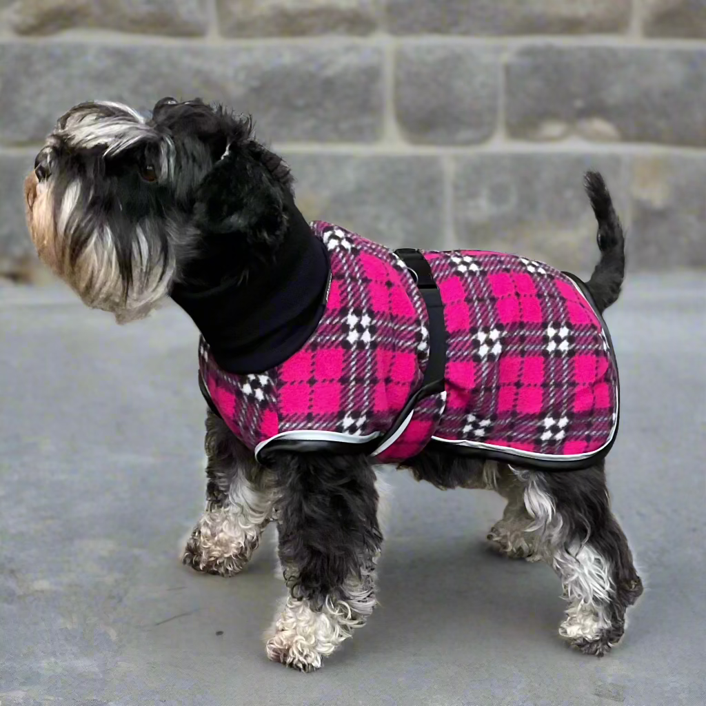 Pinkki ruutu fleece koiran takki kauluksella